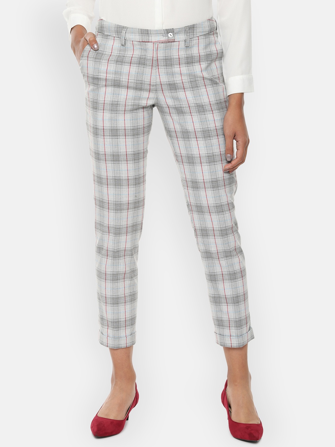 

Van Heusen Woman Grey & Red Regular Fit Checked Cropped Formal Trousers