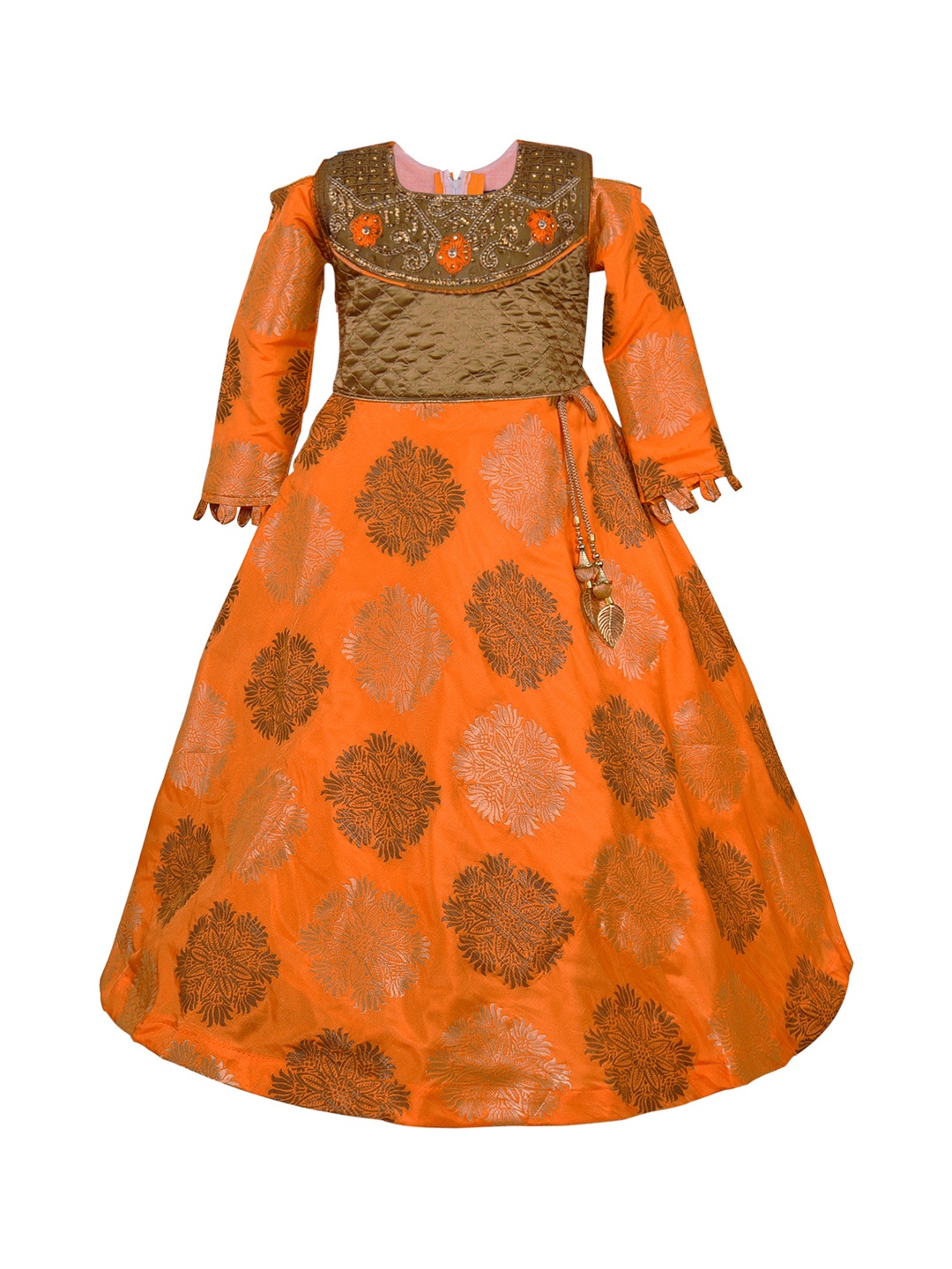 Wish Karo Girls Orange & Brown Self Design Maxi Dress
