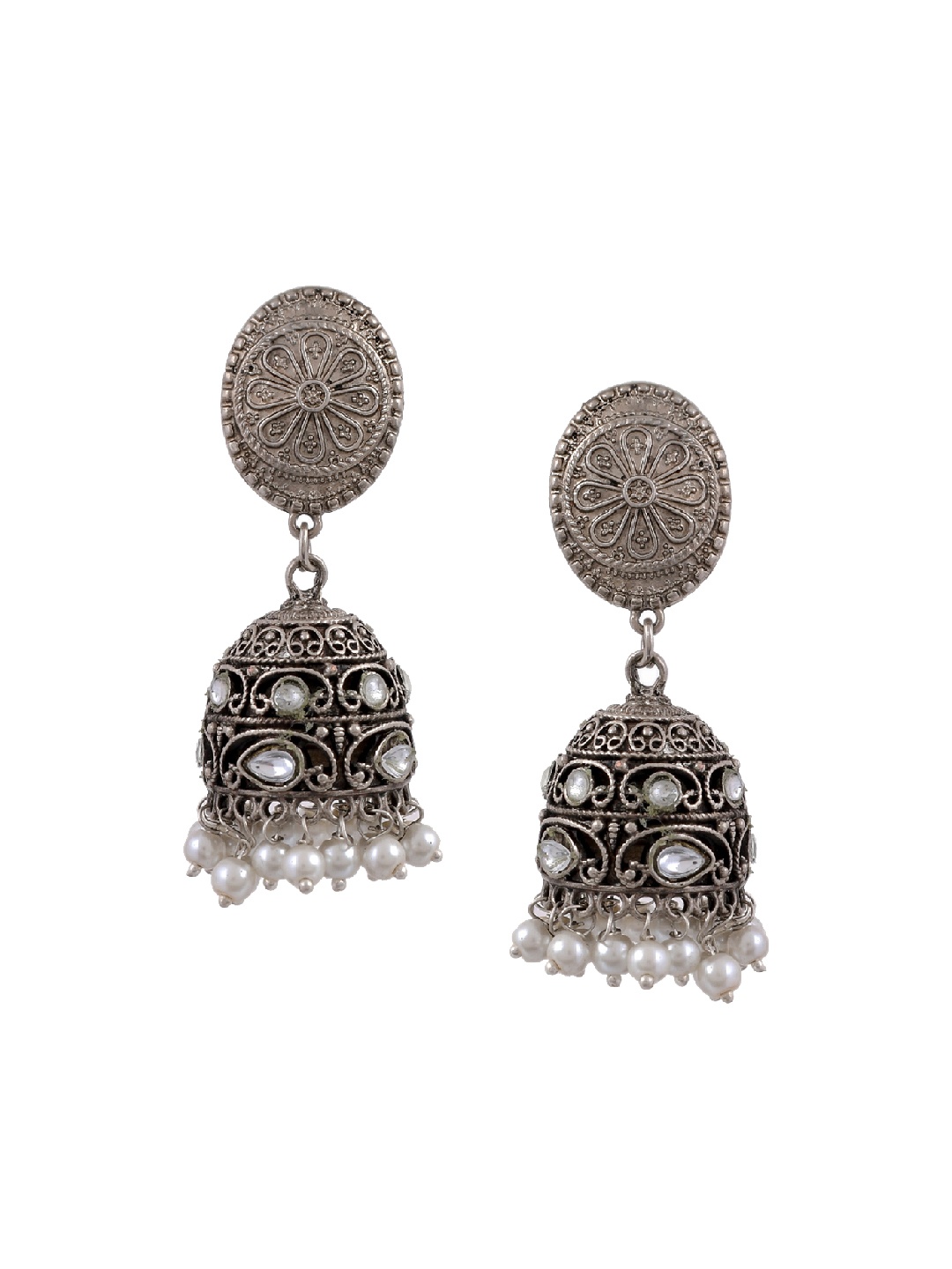 

Silvermerc Designs Silver-Plated & Off-White Oxidised Dome Shaped Jhumkas