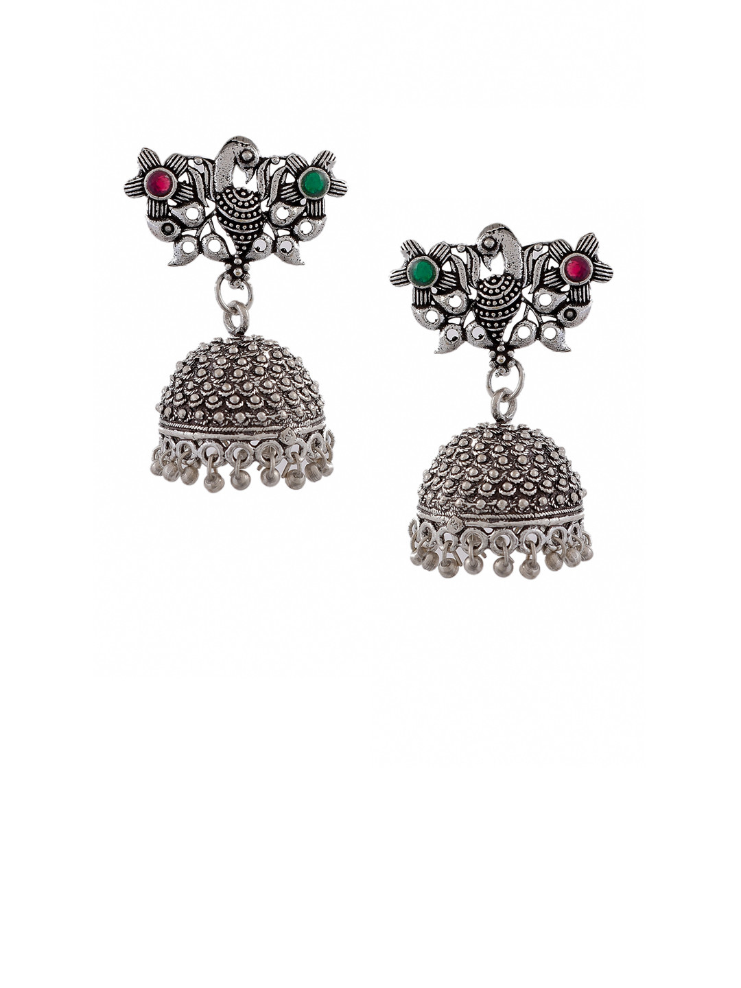 

Silvermerc Designs Silver-Plated Oxidised Peacock Shaped Jhumkas