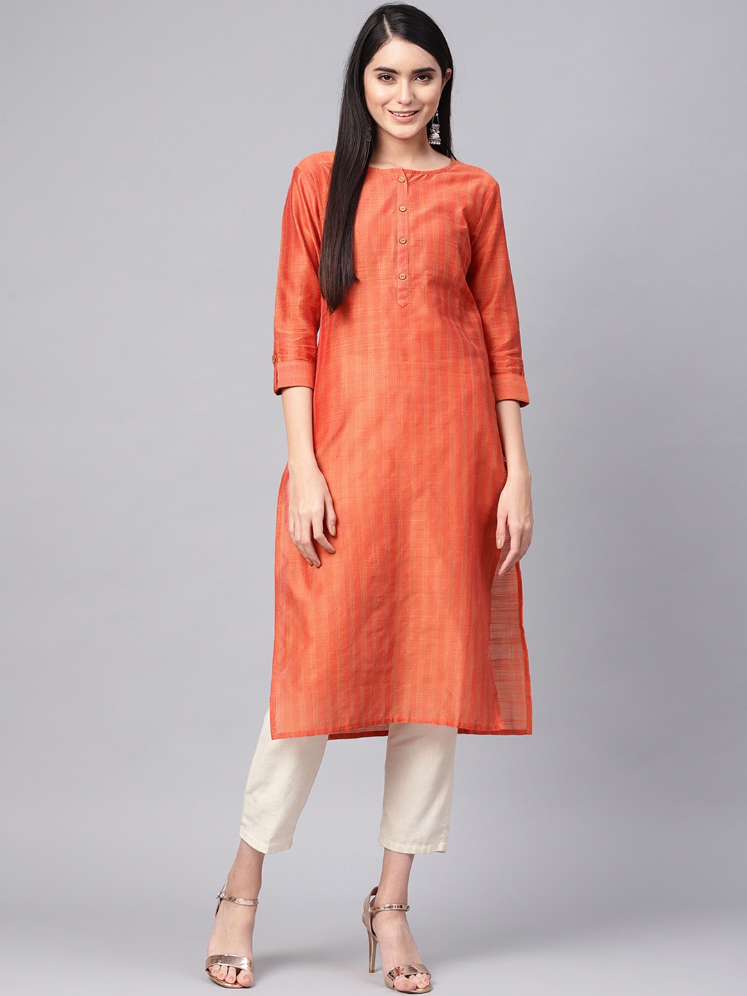 

Varanga Women Orange Woven Design Straight Kurta