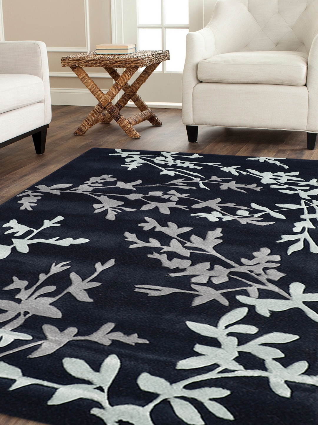 

PRESTO Navy Blue & Grey Printed Hand Tufted Wool Anti-Skid Carpet