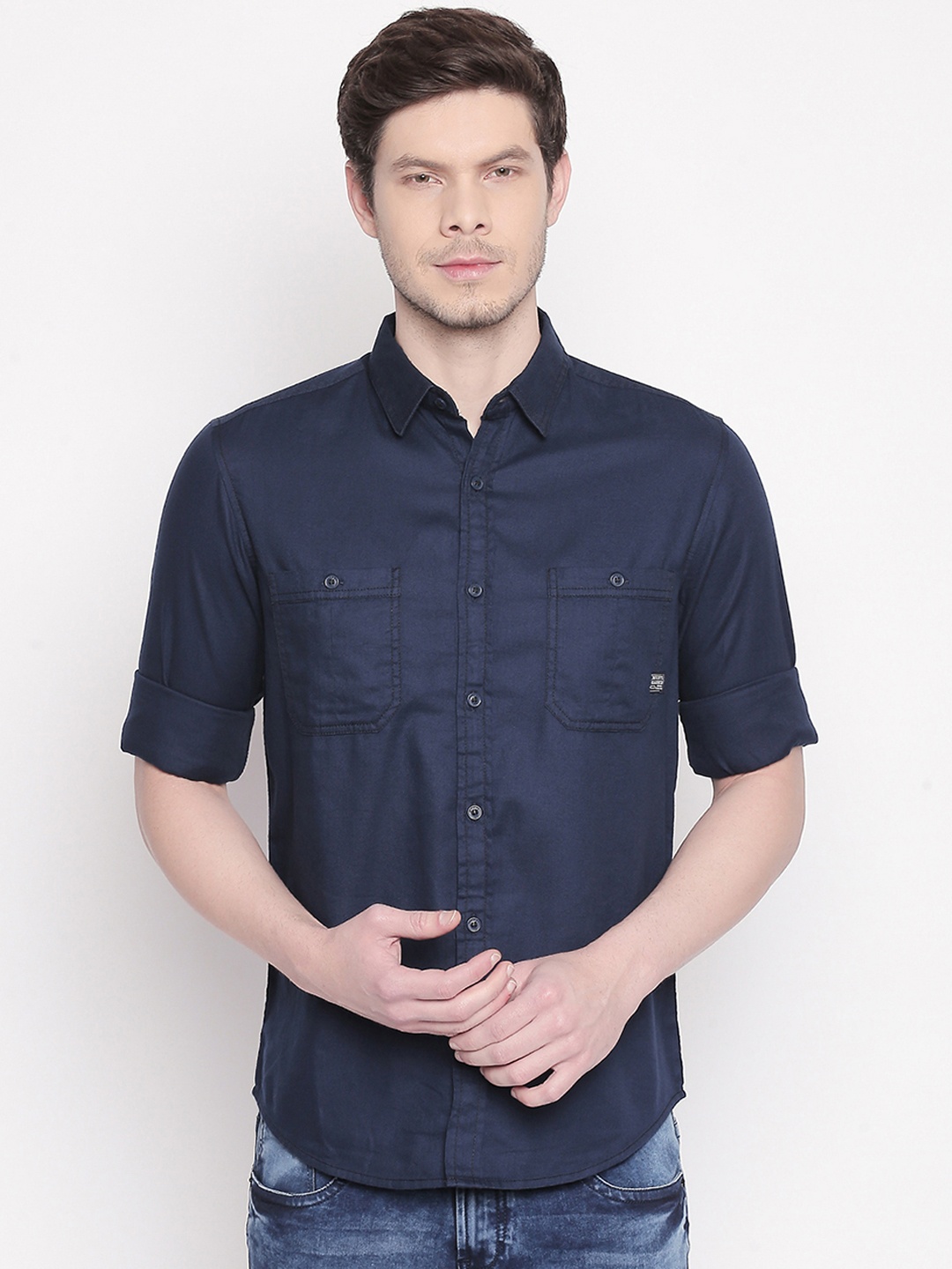 

Mufti Men Navy Blue Slim Fit Solid Casual Shirt