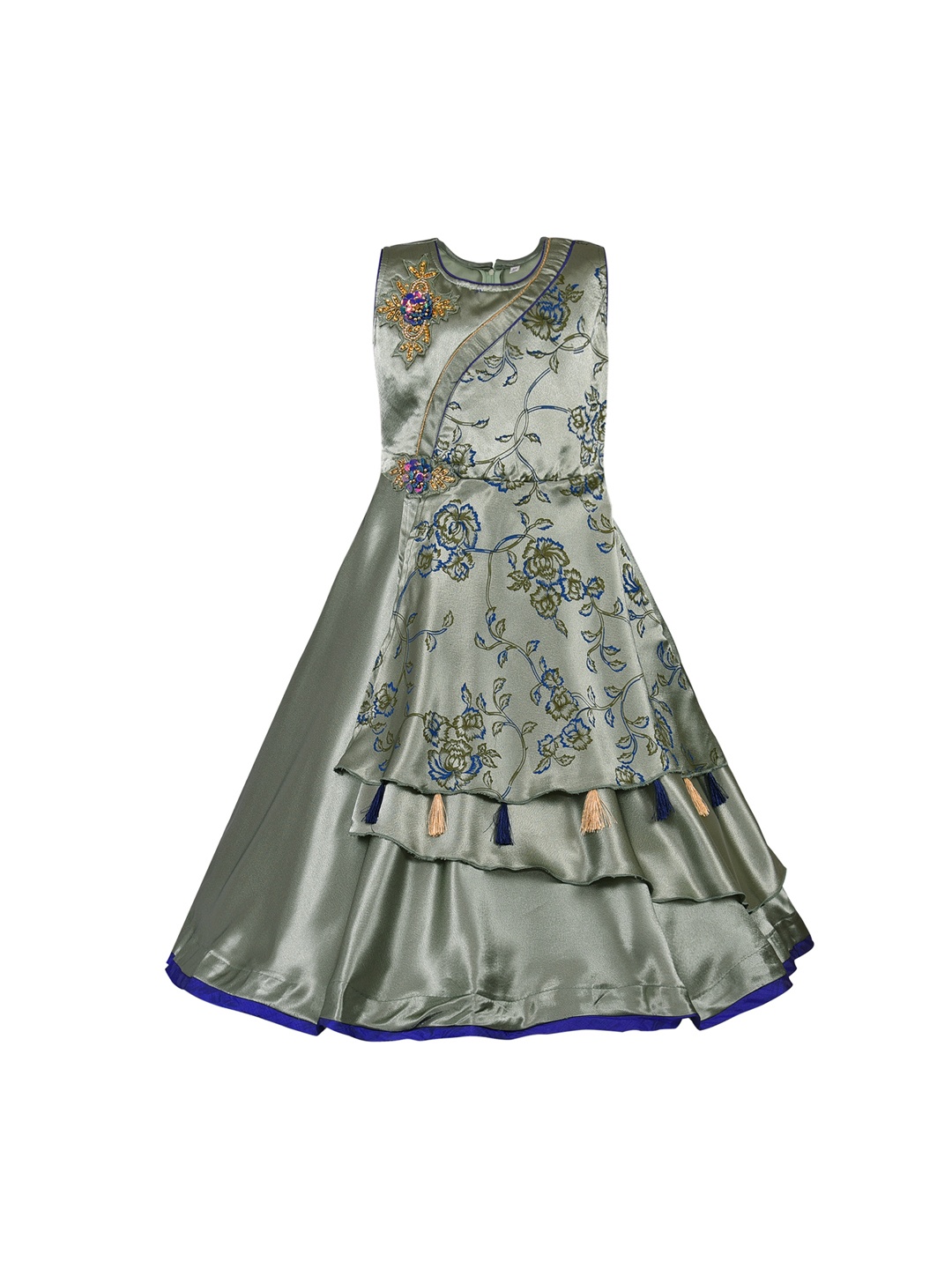 

Wish Karo Girls Green & Blue Printed Layered Maxi Dress