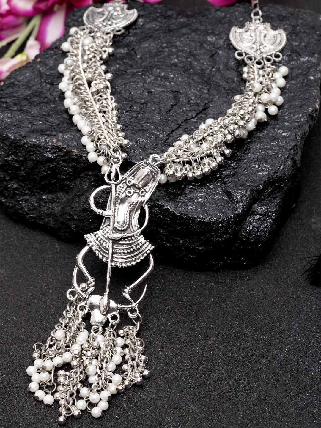 

Moedbuille Silver Toned Handcrafted Temple Design Oxidised Necklace