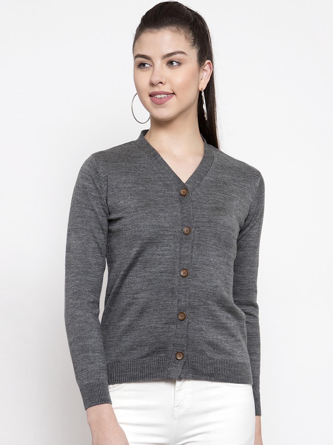 

Kalt Women Grey Melange Solid Cardigan Sweater