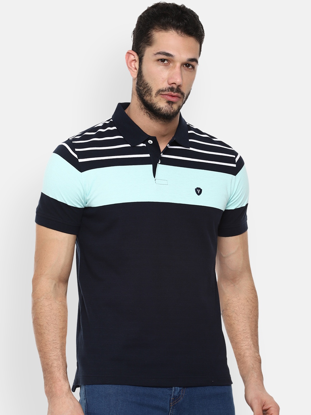 

Van Heusen Sport Men Navy Blue White Striped Polo Collar Pure Cotton T-shirt
