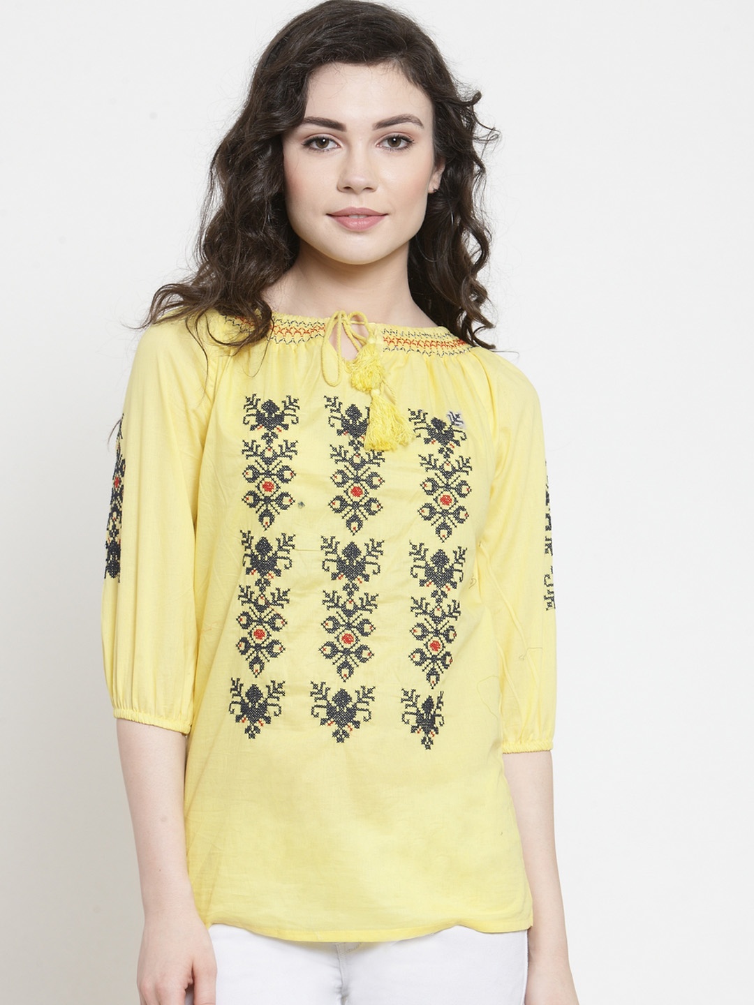 

Purple State Women Yellow & Navy Blue Embroidered Pure Cotton Top