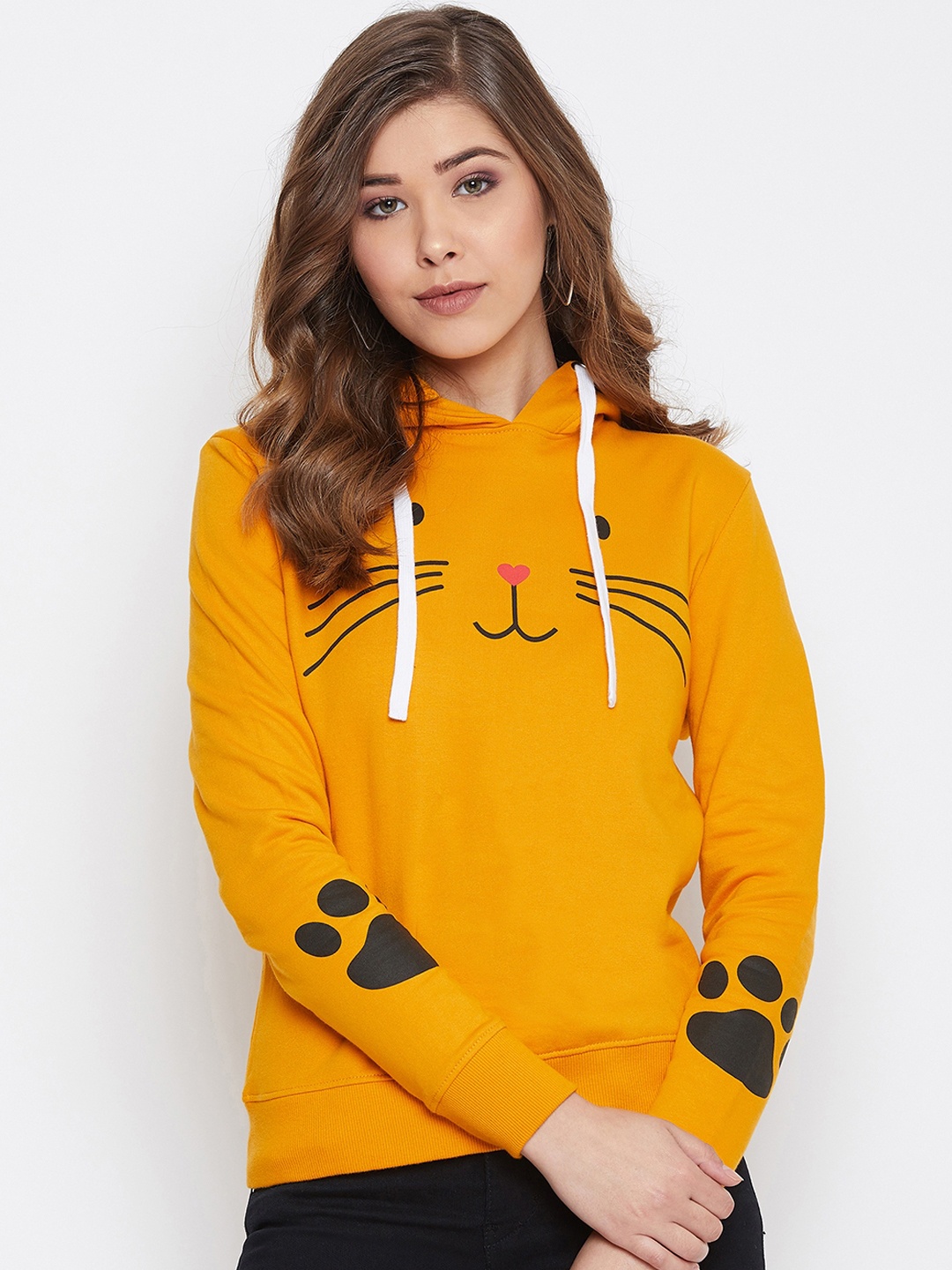 

The Dry State Women Mustard Yellow Printed Hooded Sweatshirt