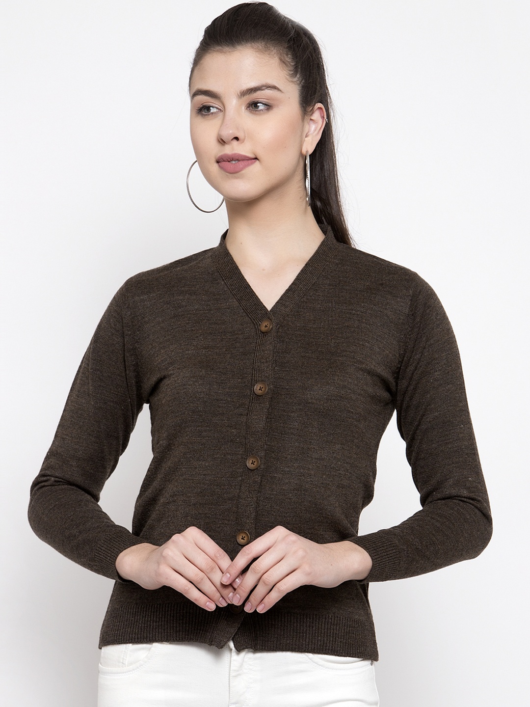 Kalt Women Coffee Brown Solid Front-Open Sweater