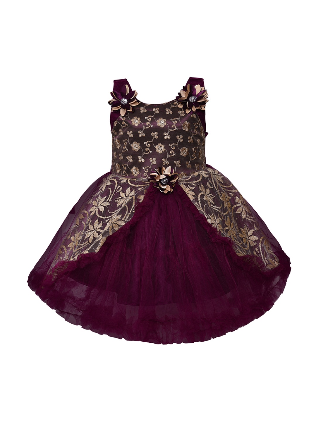 

Wish Karo Girls Burgundy & Gold-Toned Self Design Fit and Flare Dress