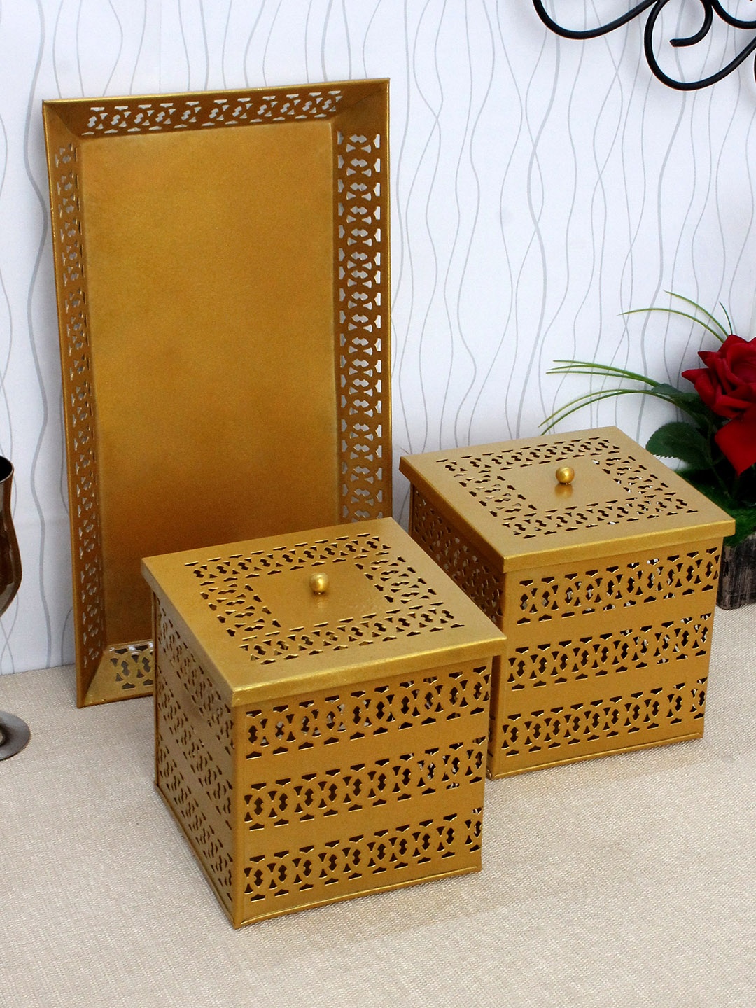 

Home Sparkle Set of 2 Gold-Toned Iron Storage Boxes With Tray