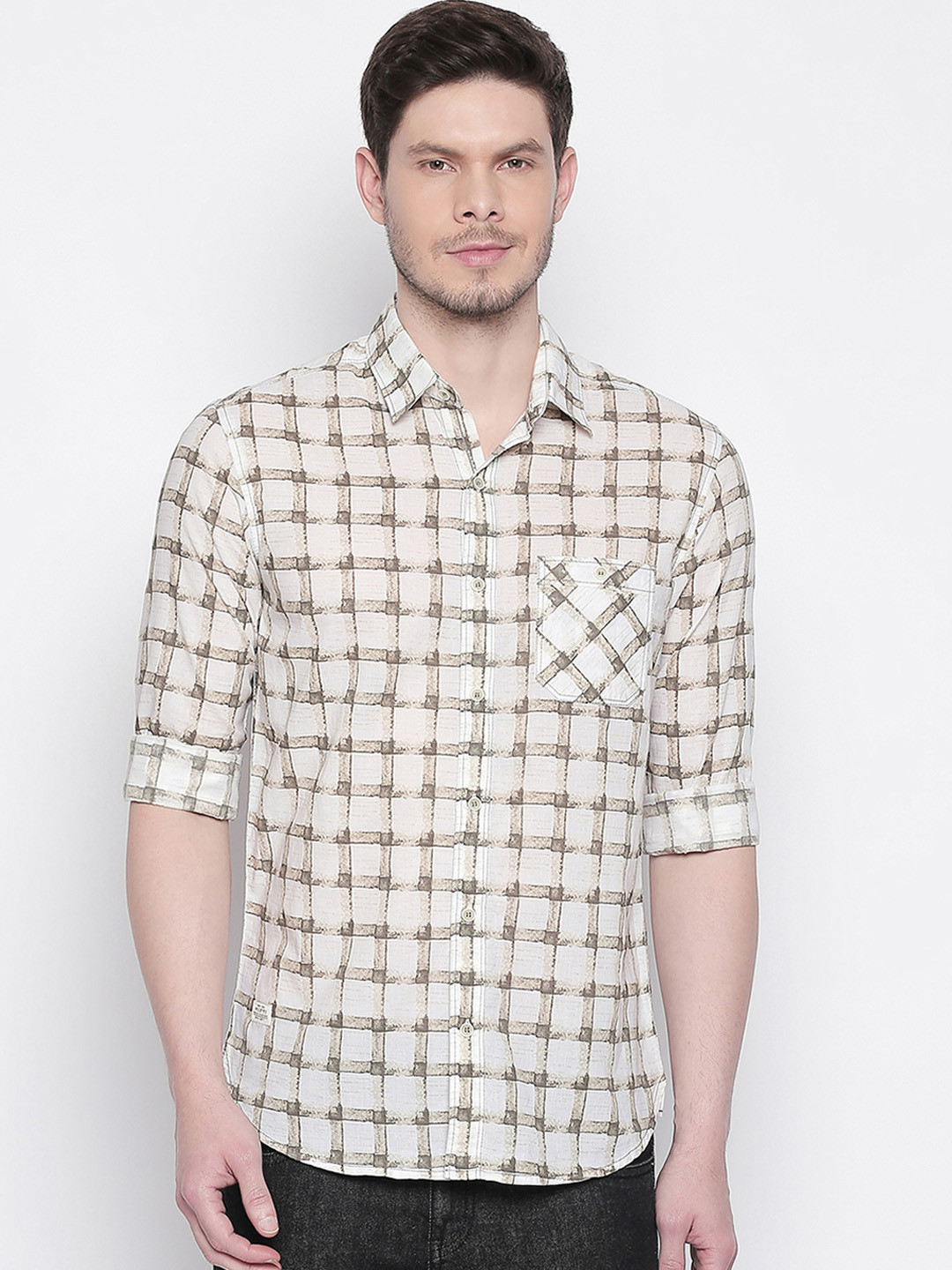 

Mufti Men Beige & Brown Slim Fit Checked Casual Shirt