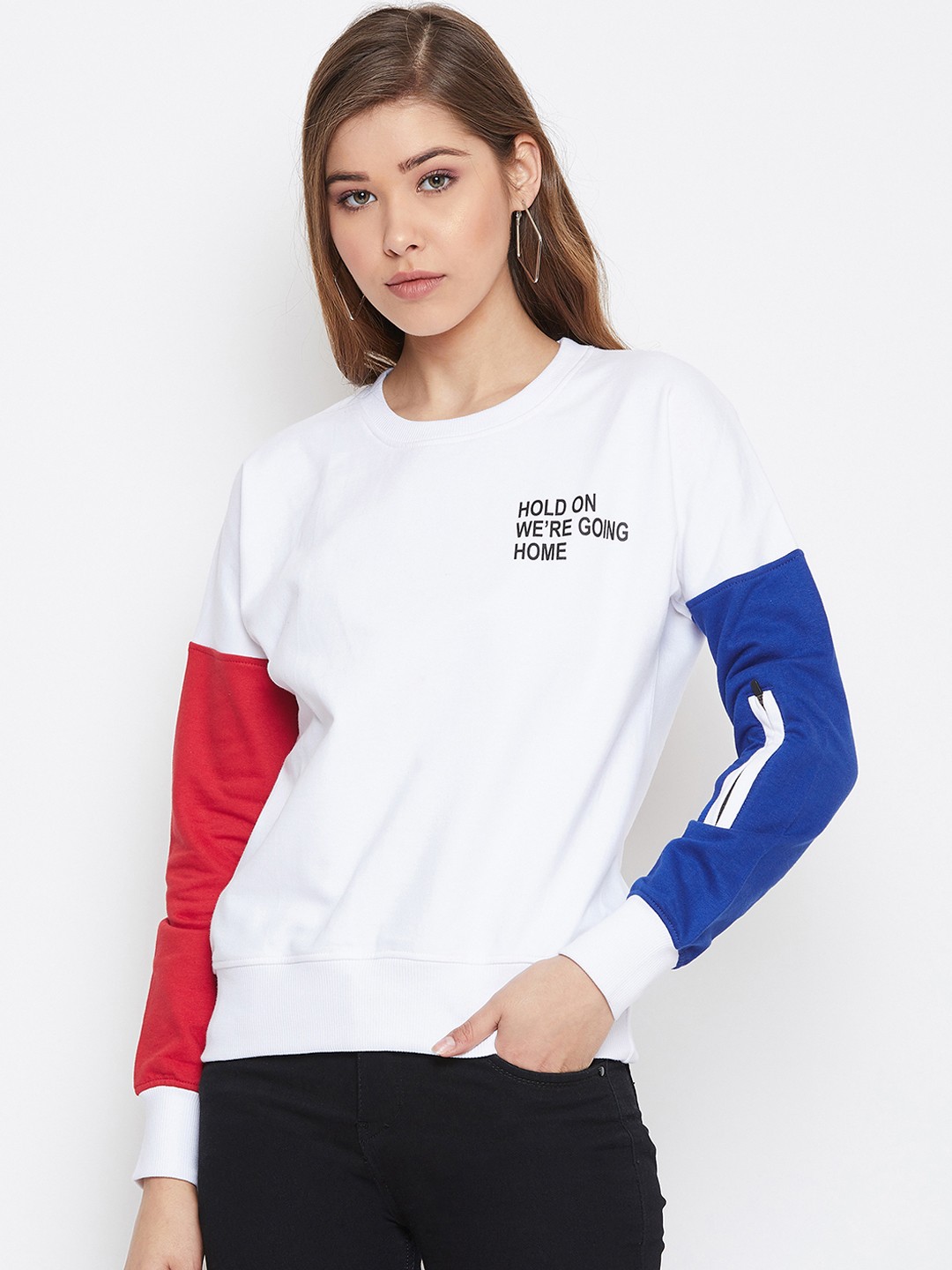 

The Dry State Women White & Blue Colourblocked Sweatshirt