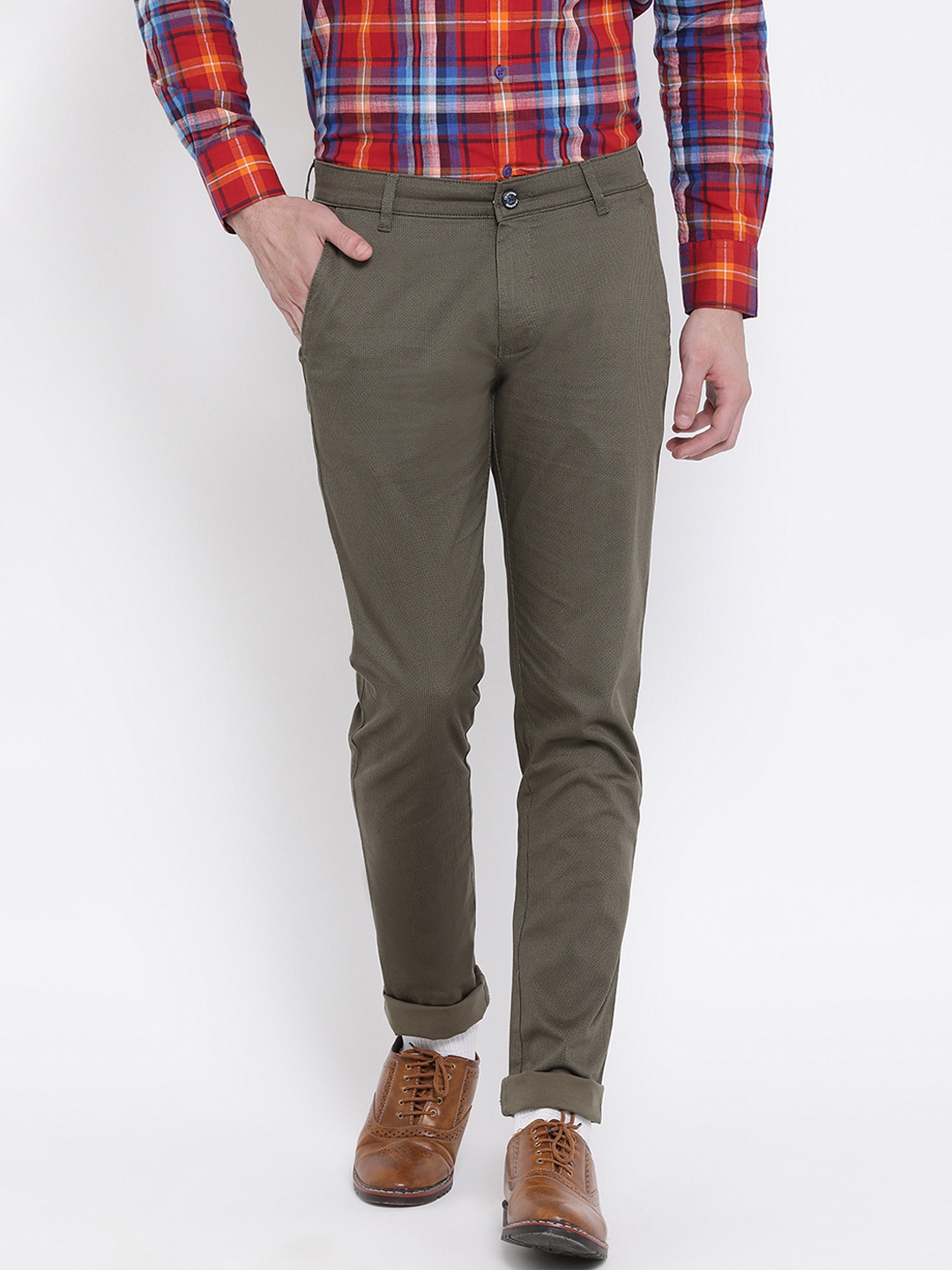 

Crimsoune Club Men Olive Green Slim Fit Printed Formal Trousers