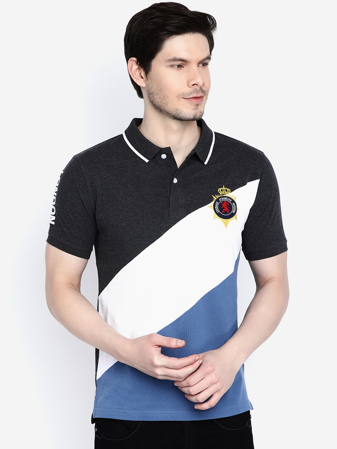 

GIORDANO Men Charcoal Grey & White Slim Fit Colourblocked Polo Collar T-shirt