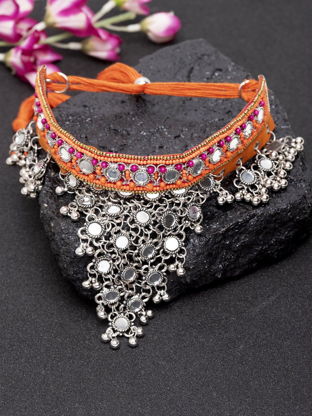 

Moedbuille Orange & Silver-Toned Brass-Plated Handcrafted Afghan Oxidised Choker Necklace