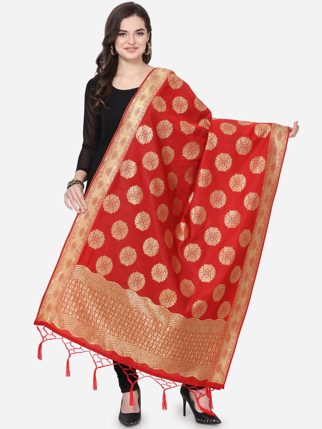 

Satrani Red & Gold-Toned Woven Design Banarasi Dupatta