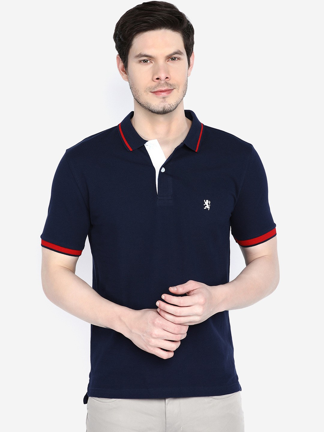 

GIORDANO Men Navy Blue Solid Polo Slim Fit Collar T-shirt