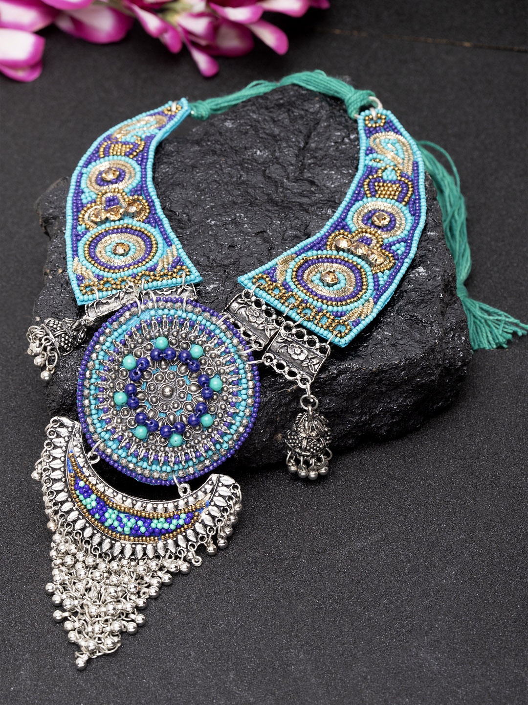 

Moedbuille Oxidised Silver-Toned & Blue Brass-Plated Afghan Necklace