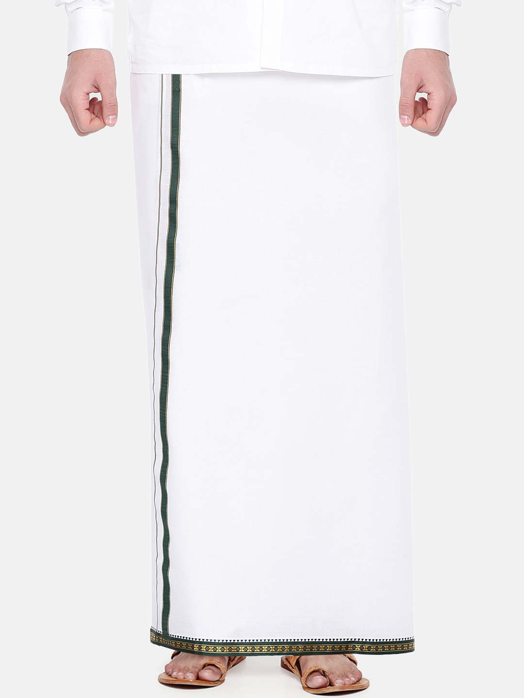 

Ramraj Men White Pure Cotton Single layer Dhoti with Green woven design border