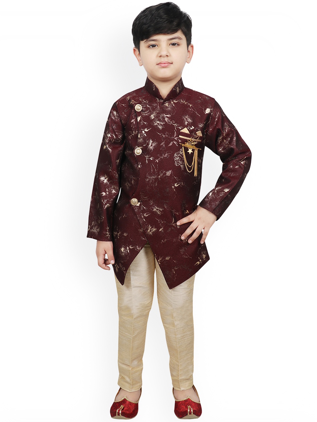 

SG YUVRAJ Boys Maroon & Brown Printed Silk Sherwani Set