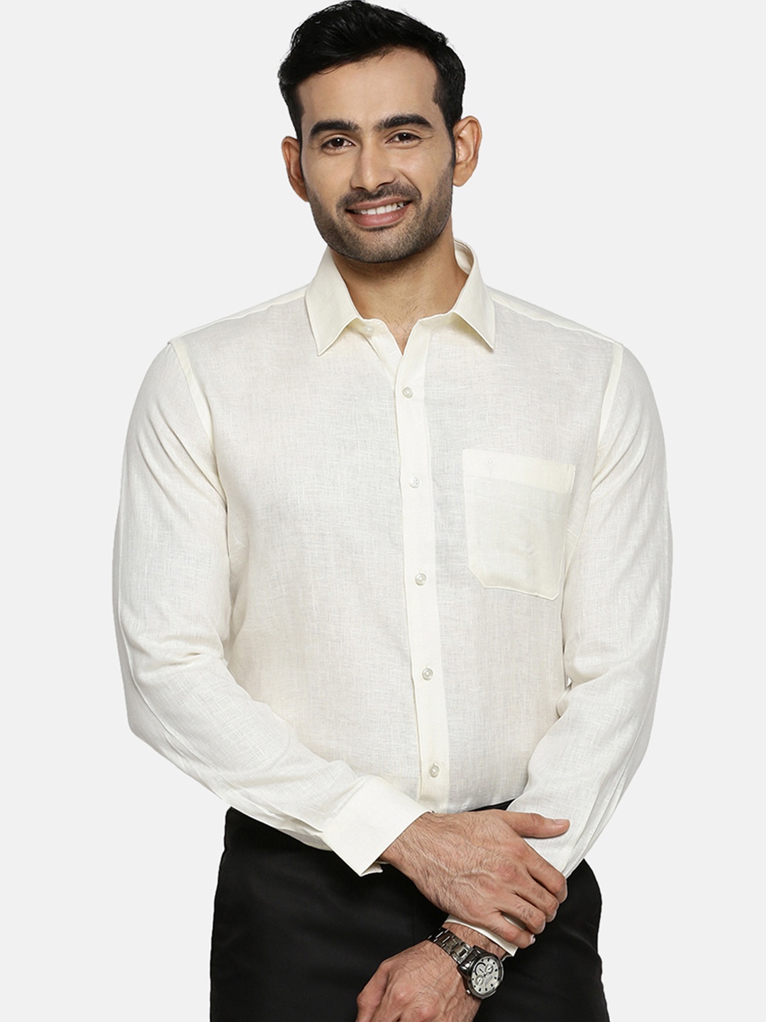

Ramraj Men Cream-Coloured Original Slim Fit Solid Linen Formal Shirt