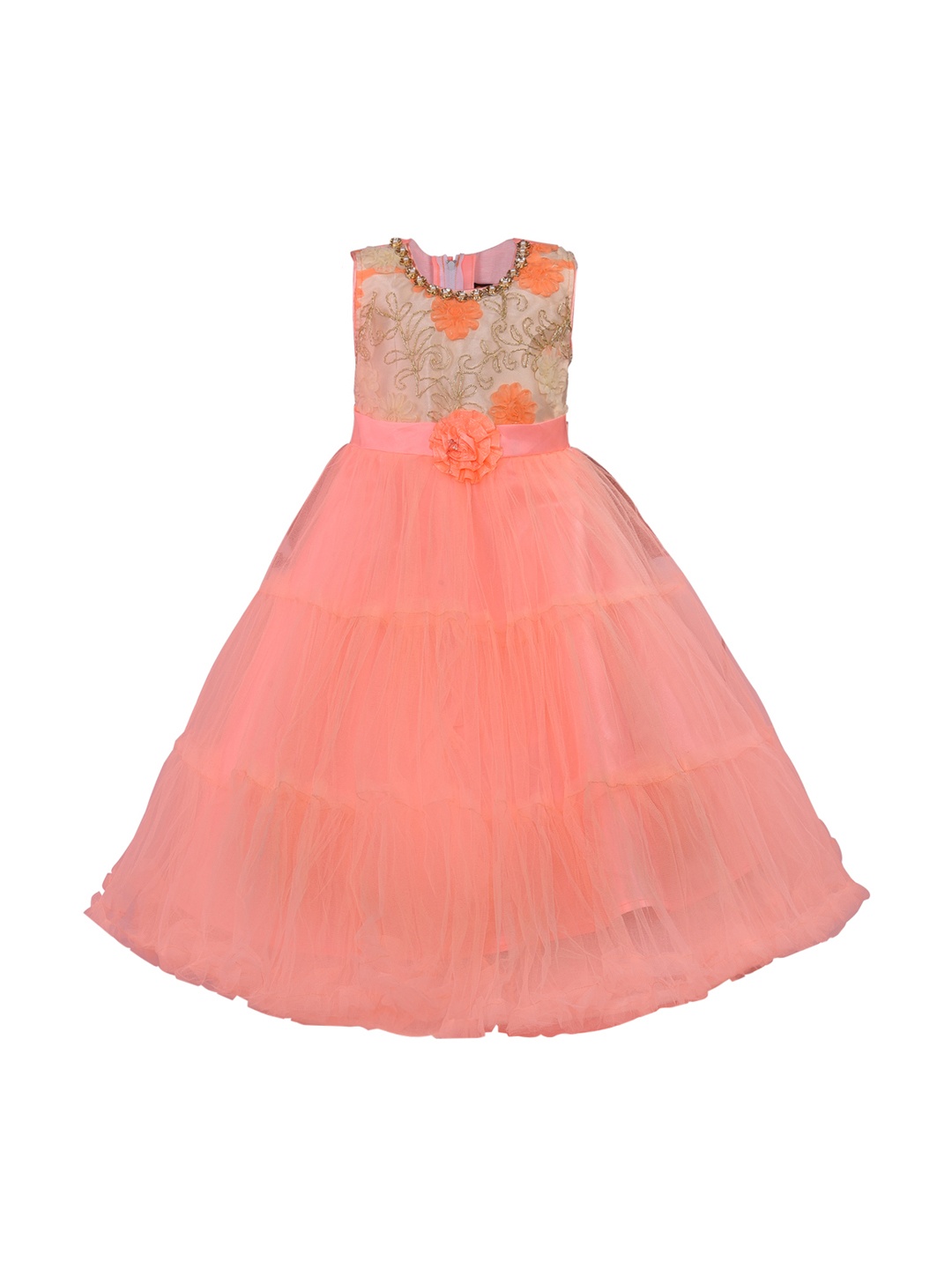 

Wish Karo Girls Peach-Coloured & Beige Embroidered Fit and Flare Dress