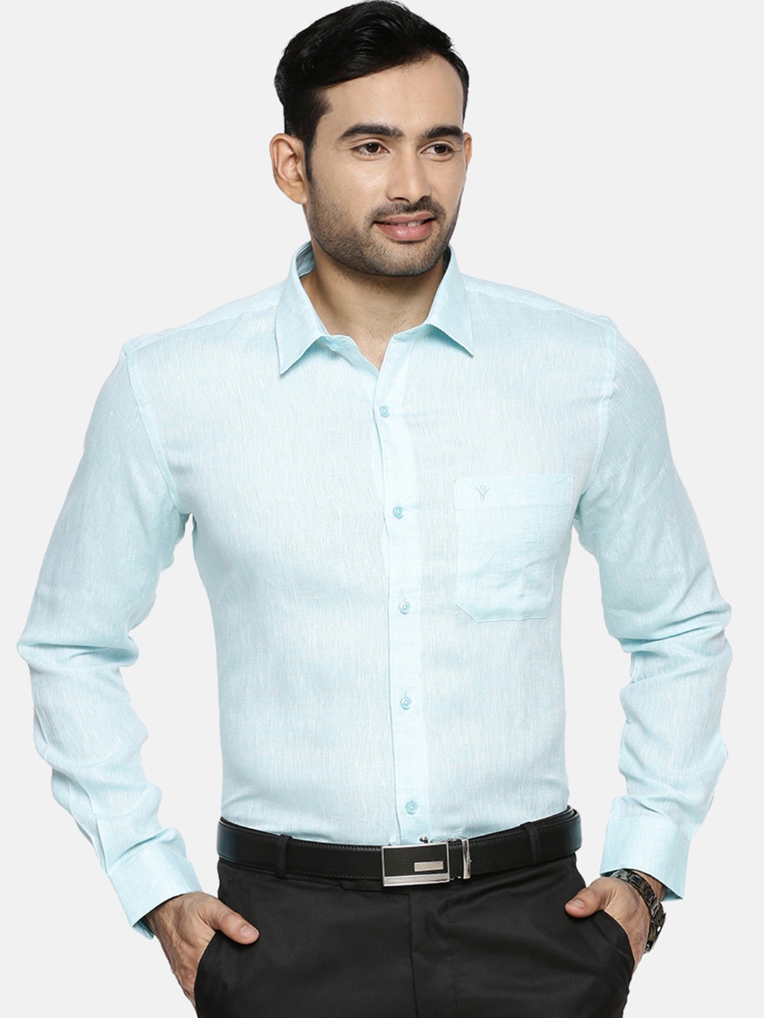 

Ramraj Men Blue Original Slim Fit Solid Wrinkle-Free Linen Formal Shirt