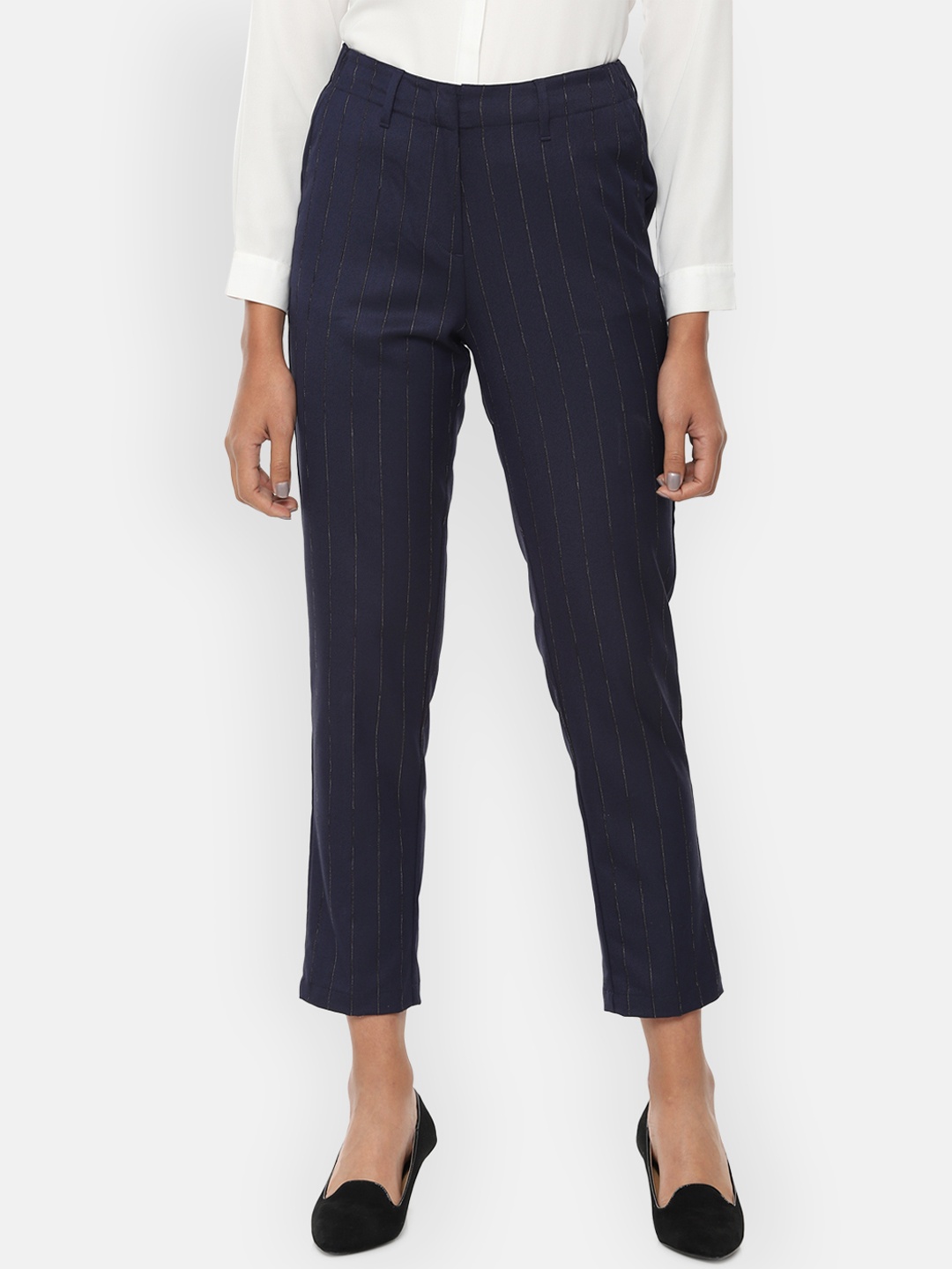 

Van Heusen Woman Navy Blue Regular Fit Striped Cropped Formal Trousers