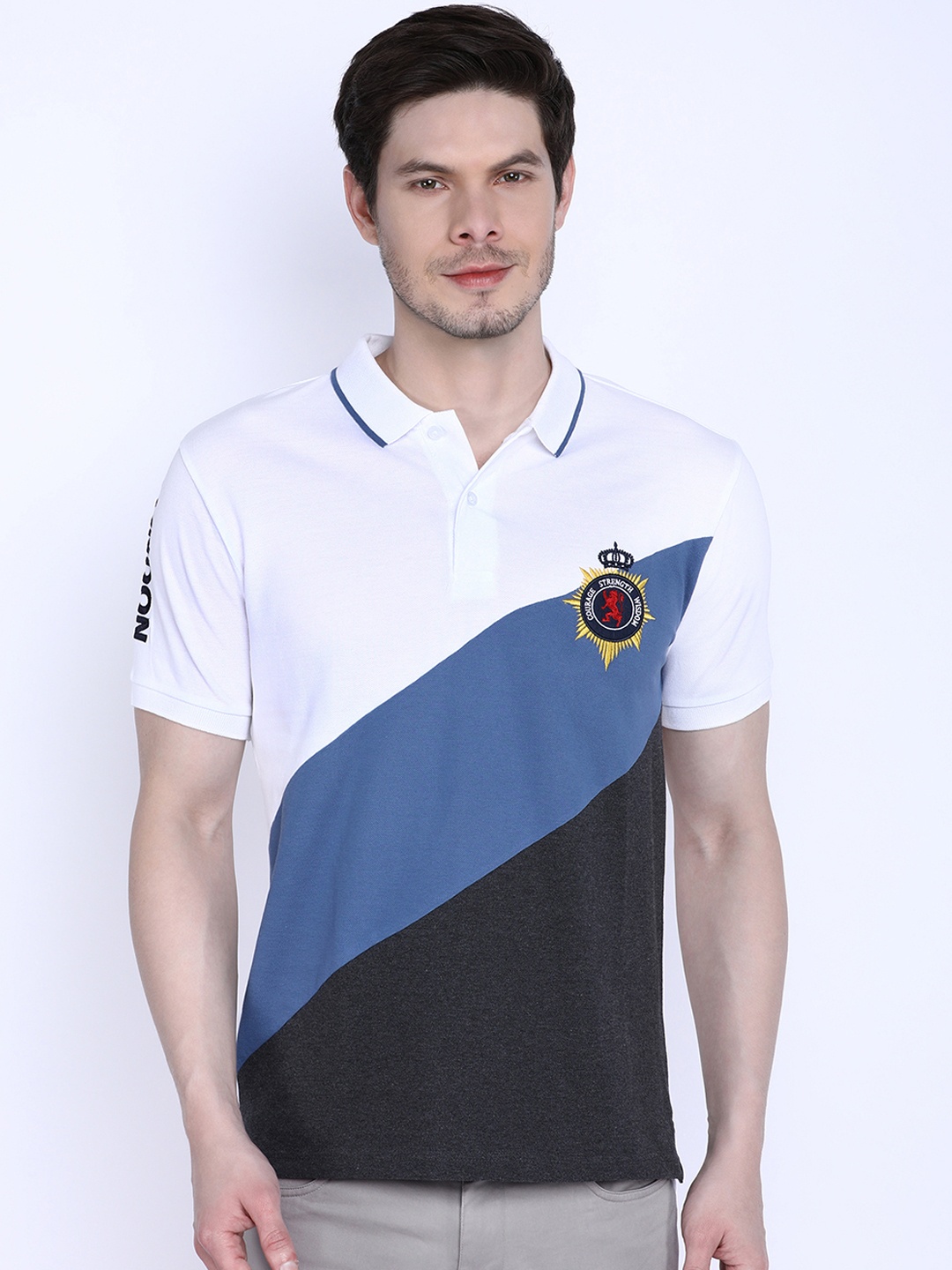 

GIORDANO Men White & Blue Slim Fit Colourblocked Polo Collar T-shirt