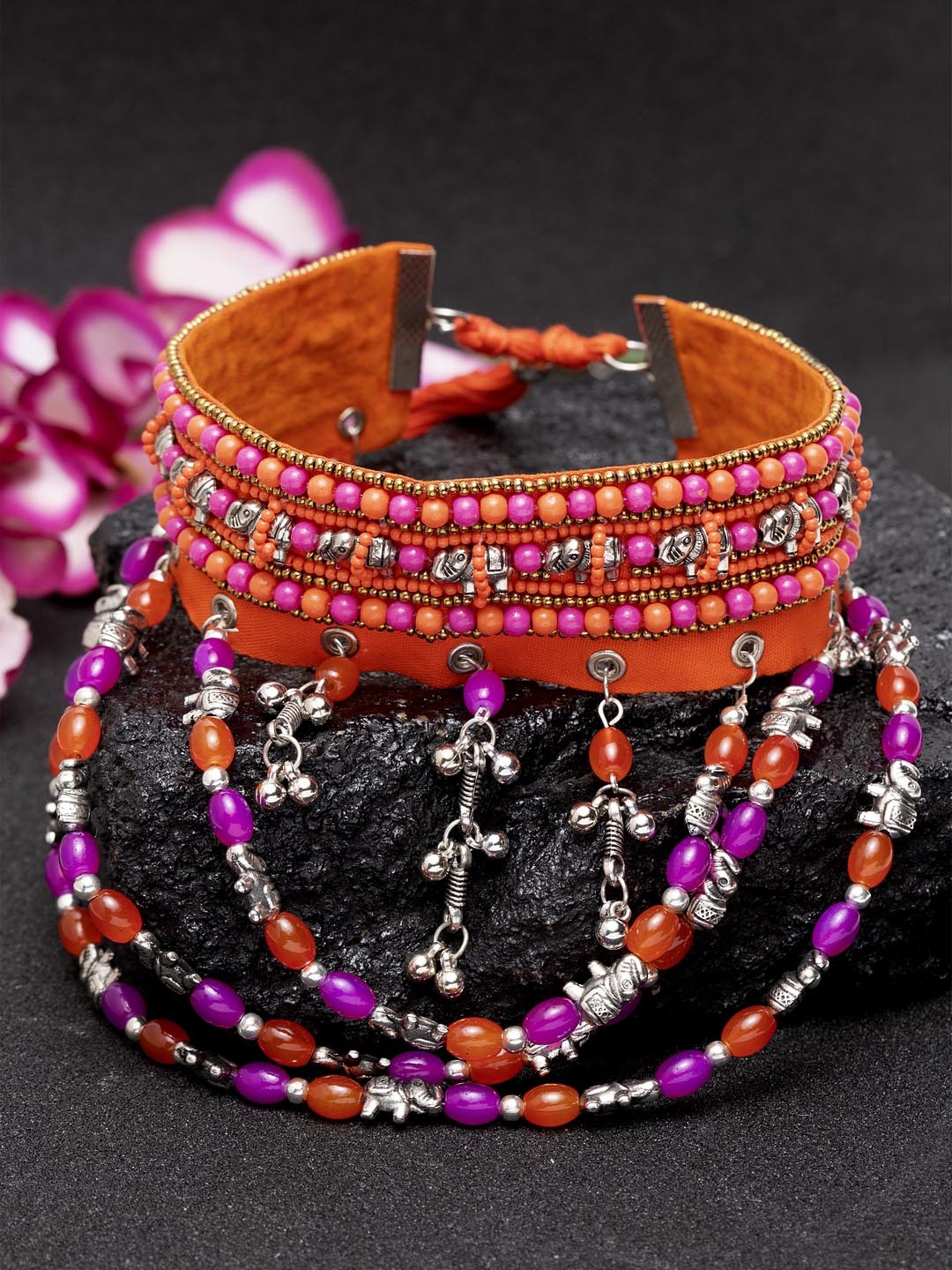 

Moedbuille Orange Handcrafted Tasselled Antique Oxidised Tribal Choker