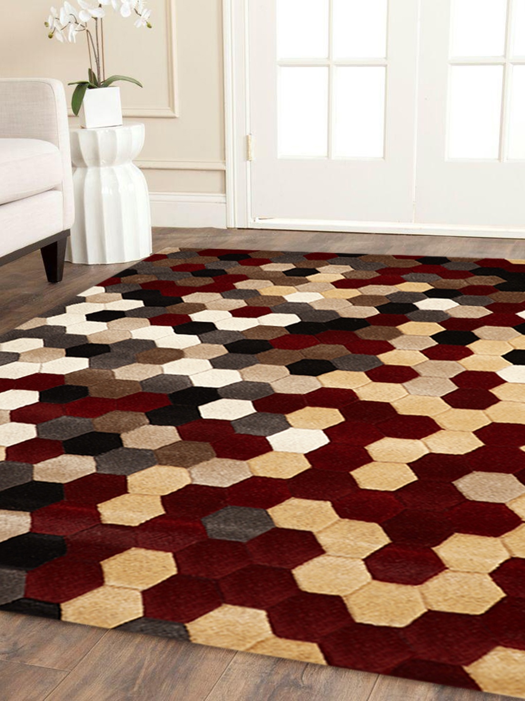 PRESTO Red & Gold-Toned Printed Hand Tufted Wool Anti-Skid Carpet