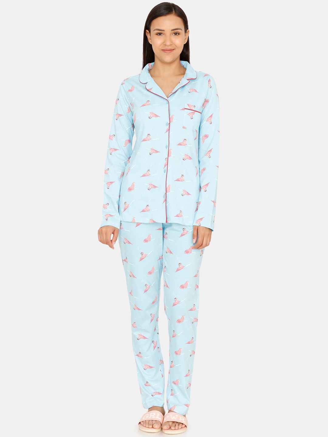 

Zivame Women Blue & Pink Printed Night suit