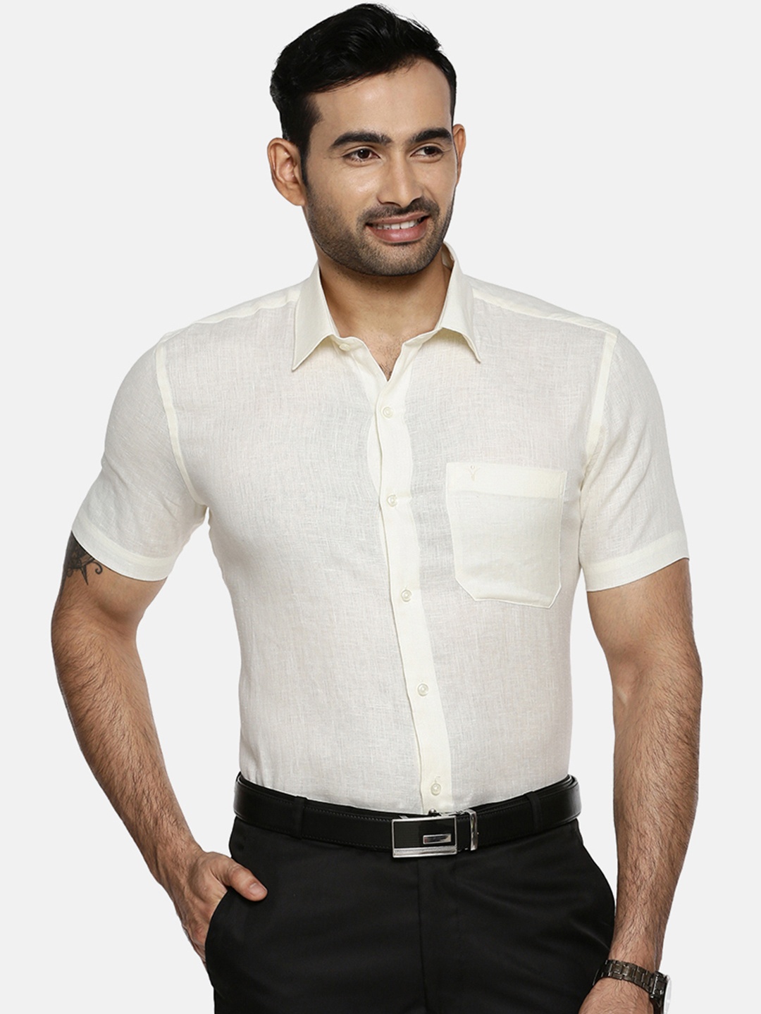 

Ramraj Men Cream-Coloured Original Slim Fit Solid Linen Formal Shirt