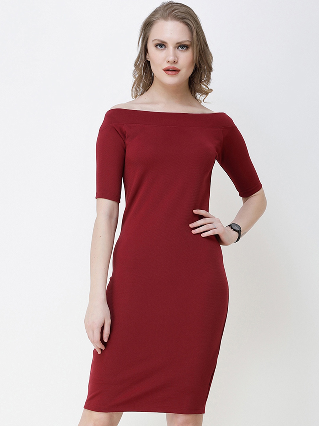 

SCORPIUS Women Maroon Solid Sheath Dress