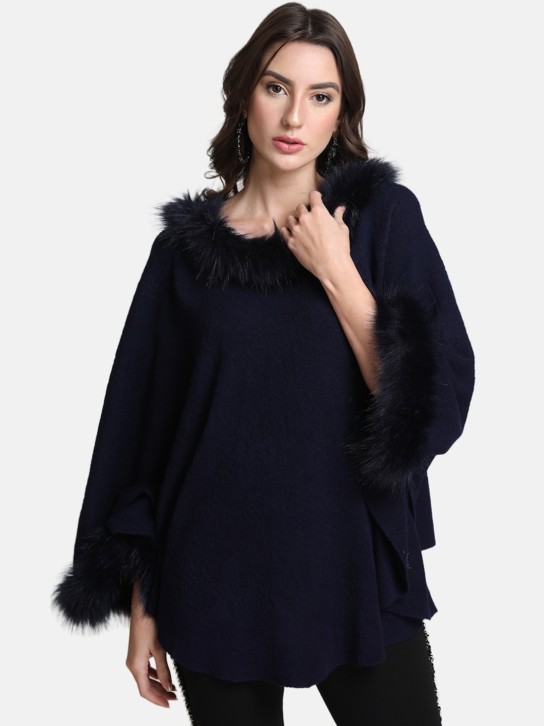 

Kazo Women Navy Blue Solid Poncho Sweater