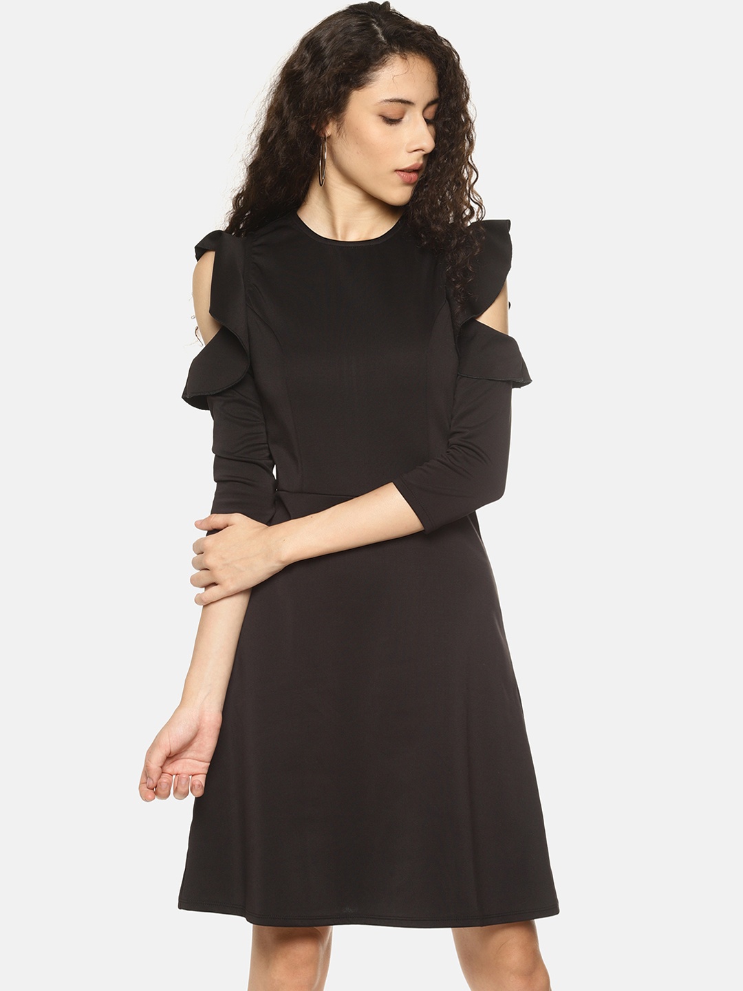 

AARA Women Black Solid A-Line Cold Shoulder Dress