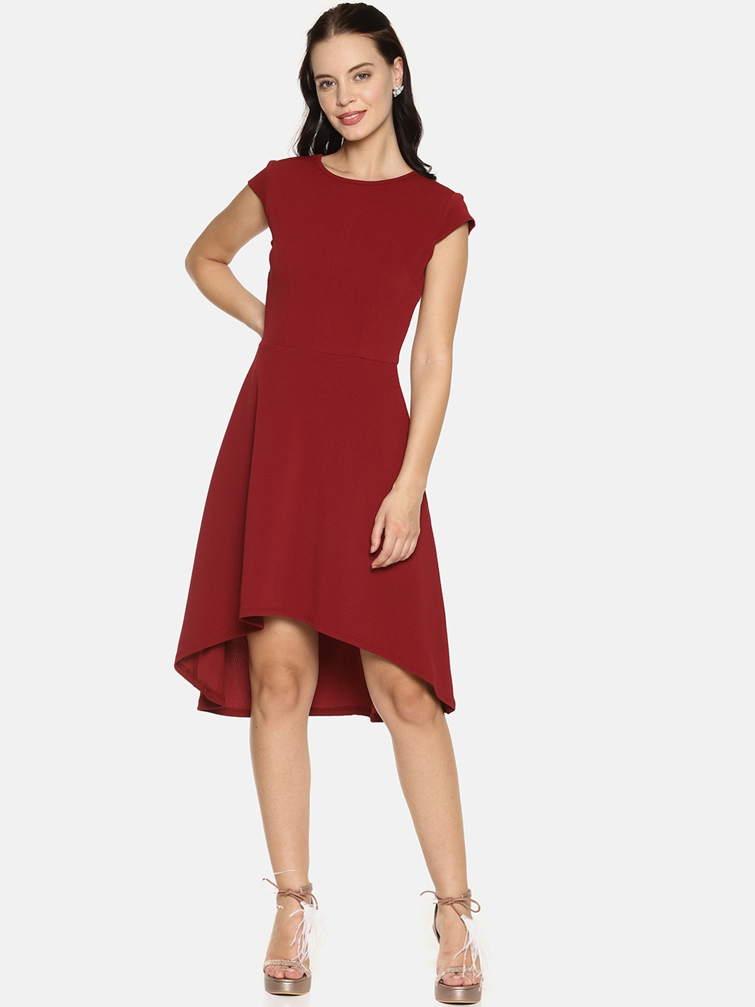 

AARA Women Maroon Solid Fit and Flare High Low Dress