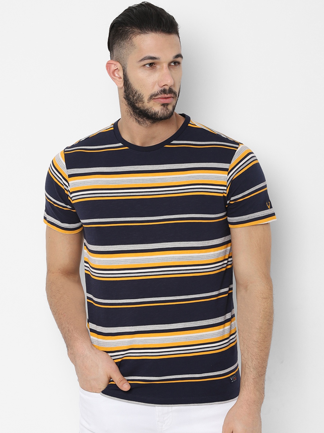 

Allen Solly Sport Men Navy Blue White Striped Round Neck Pure Cotton T-shirt
