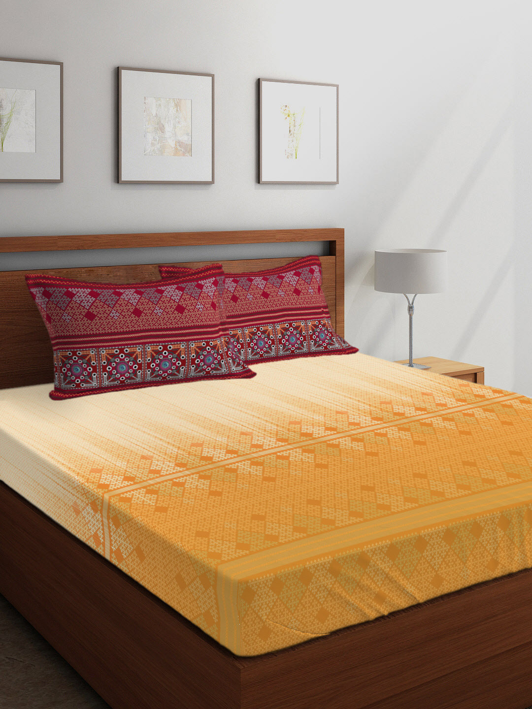 

Boutique Living India Orange Ethnic Motifs 300 TC Cotton 1 King Bedsheet with 2 Pillow Covers