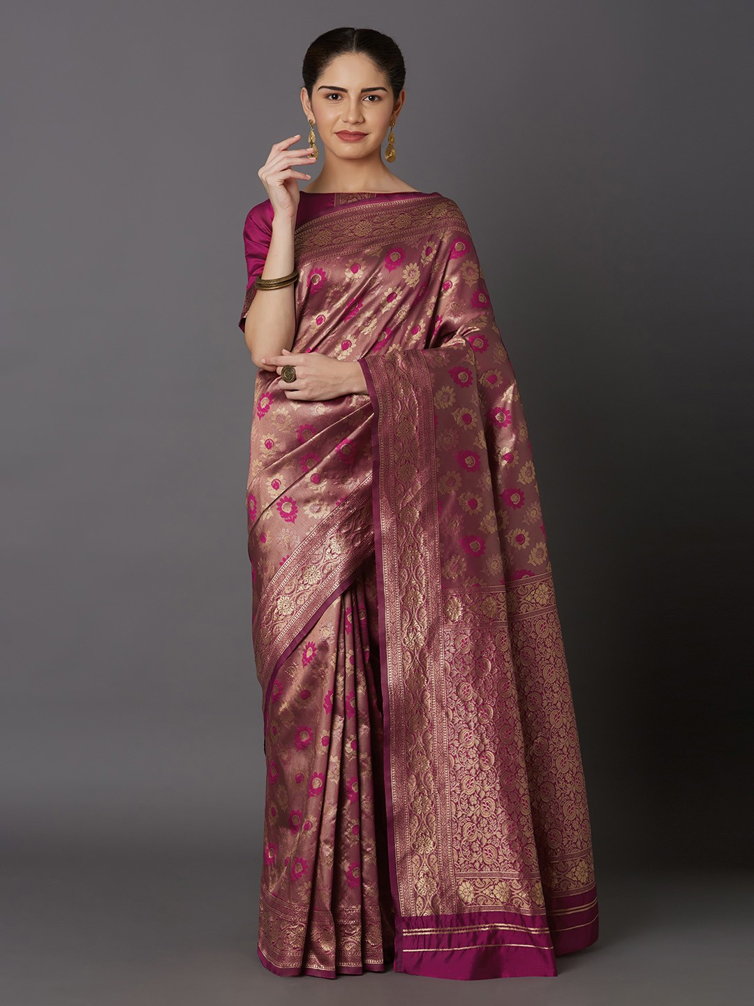 

Mitera Purple Silk Blend Woven Design Kanjeevaram Saree