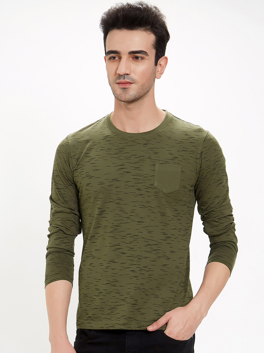 

Maniac Men Olive Green & Black Printed Round Neck T-shirt