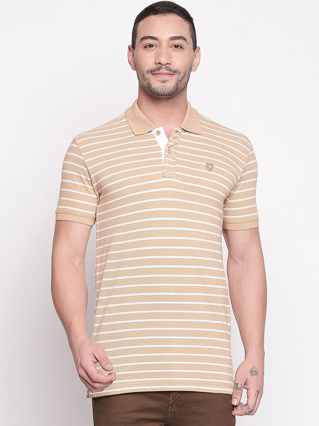 

Mufti Men Beige & White Striped Slim-Fit Polo Collar T-shirt