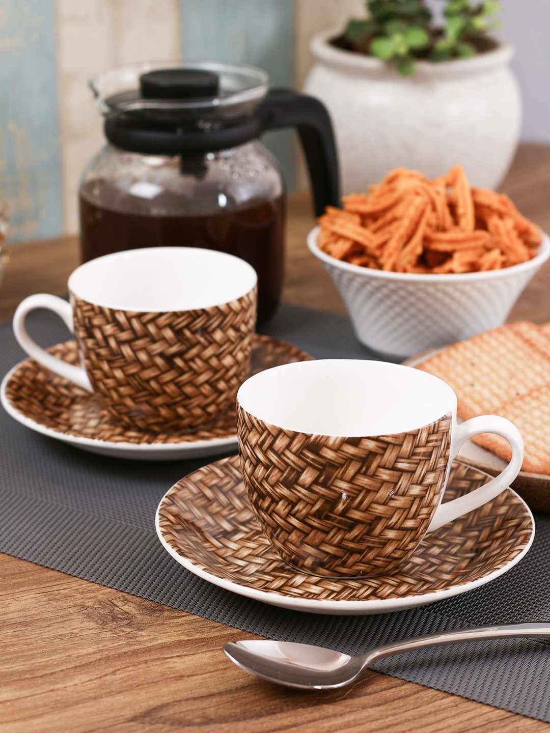 

CLAY CRAFT Brown Set of 6 Set Bone China Cups and Saucers Set