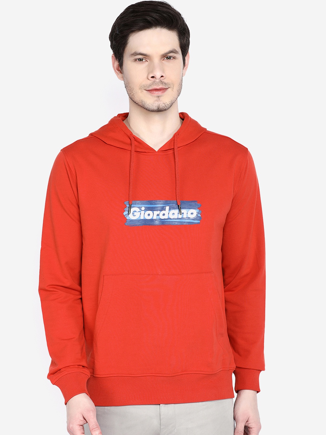 

GIORDANO Men Orange Printed Hooded Sweatshirt