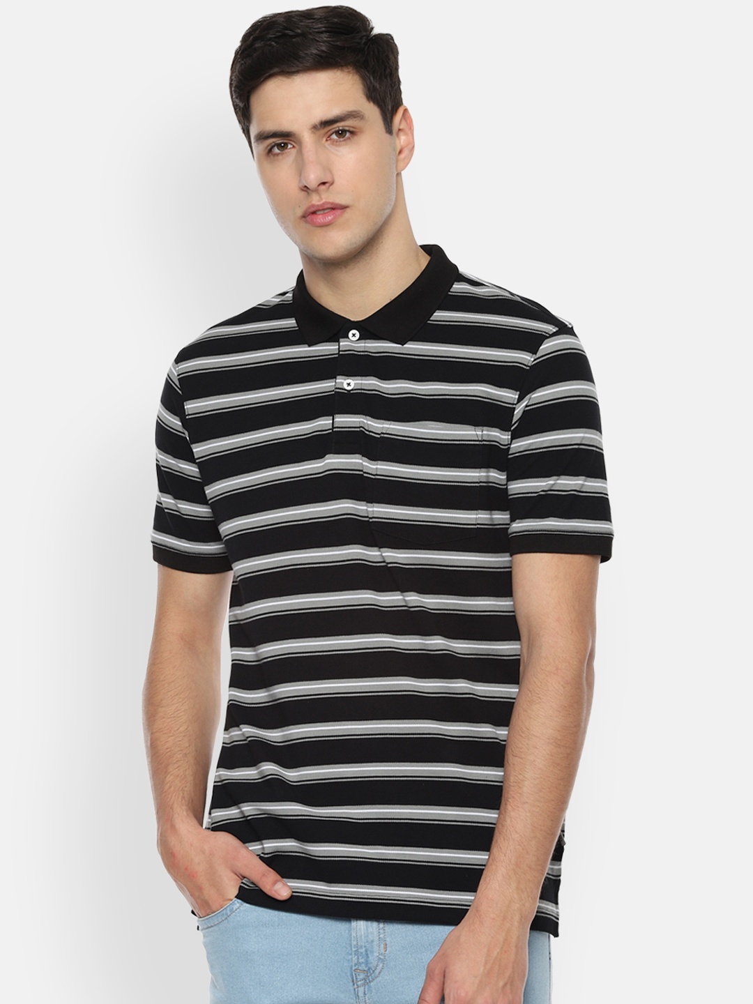 

Van Heusen Men Black Striped Polo Collar T-shirt