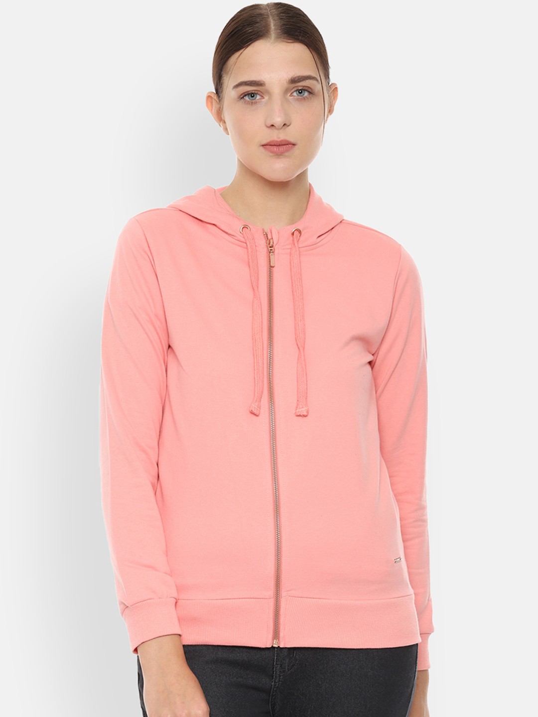 

Van Heusen Woman Women Peach-Coloured Solid Hooded Sweatshirt