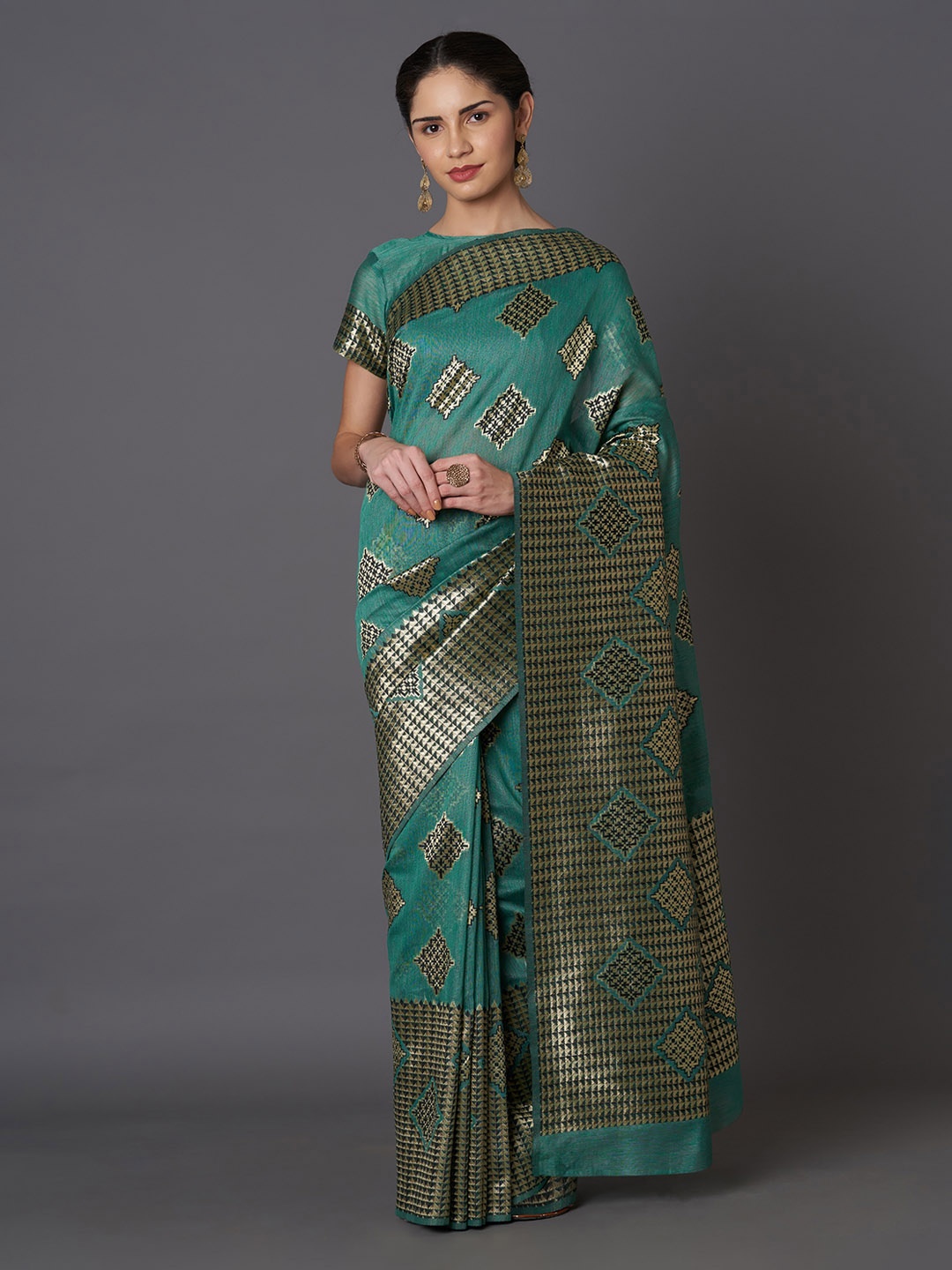 

Mitera Teal Green Silk Blend Woven Design Kanjeevaram Saree