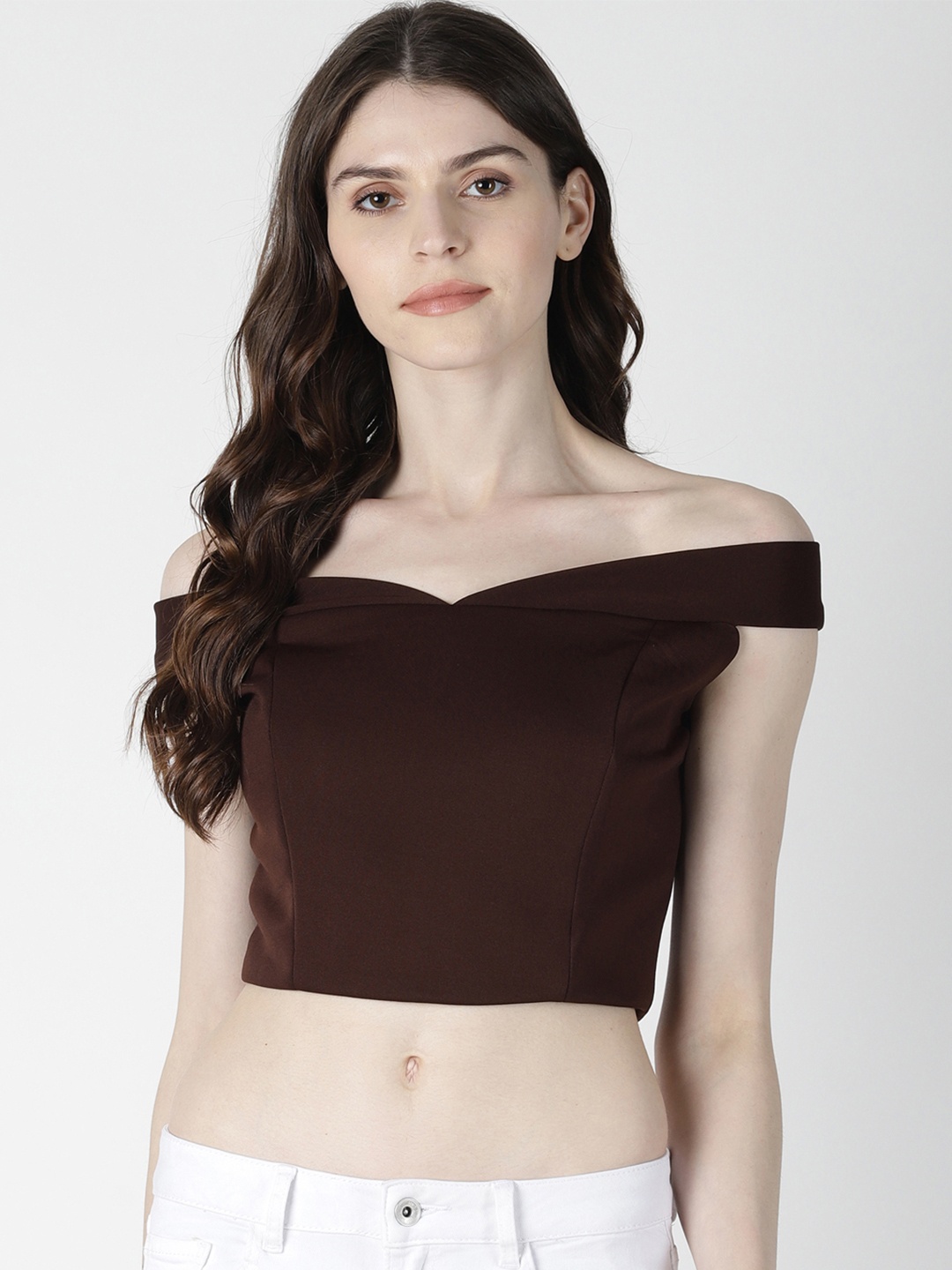 

AARA Women Coffee Brown Solid Bardot Top